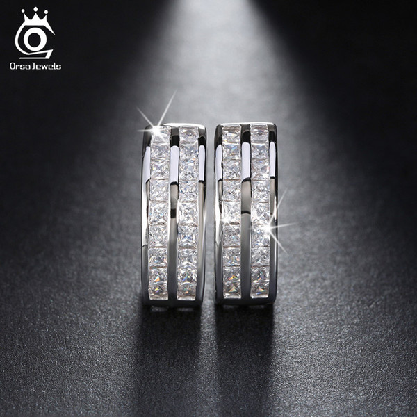 Popular Fashion 2 Rows Cubic Zircon Setting Earrings Platinum Plated Woman Wedding Accessories Stud Earring OME21