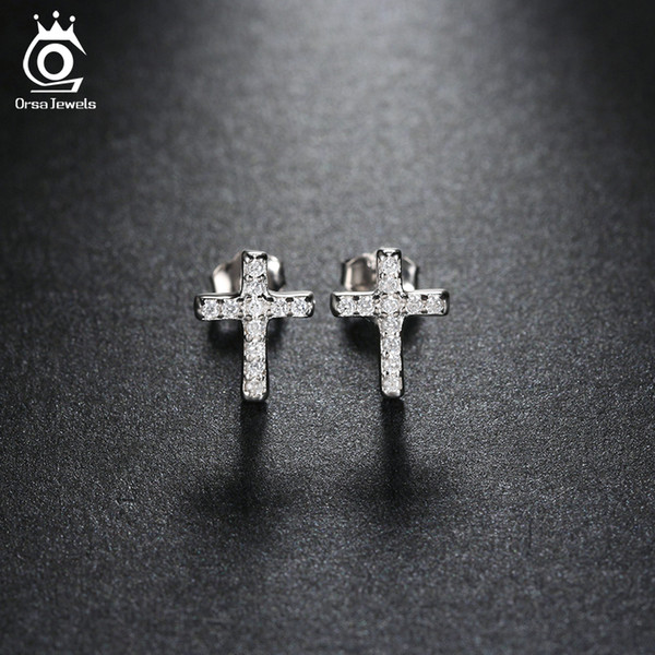 Platinum Plated Cross Silver Stud Earring Micro Pave Austrian Cubic Zirconia for Wedding Fashion Women Jewelry OE132