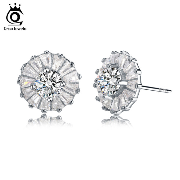 Newest Trendy Solid 925 Silver Earrings With Cubic Zirconia Round Shape Real Sterling Silver Earrings for Women SE27