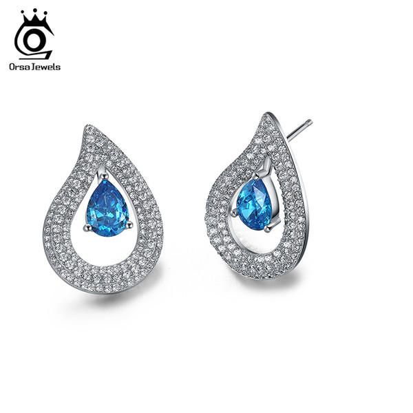 ORSA Luxury Women Stud Earrings 2017 Double Water Drop Design with Charm Blue Crystal for Girl's Gift OE153