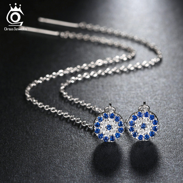 Stylish Long Stud Earrings with Clear fix Blue Cubic Zirconia Pendant for Women Brilliant Simulated Diamond Jewelry OE134