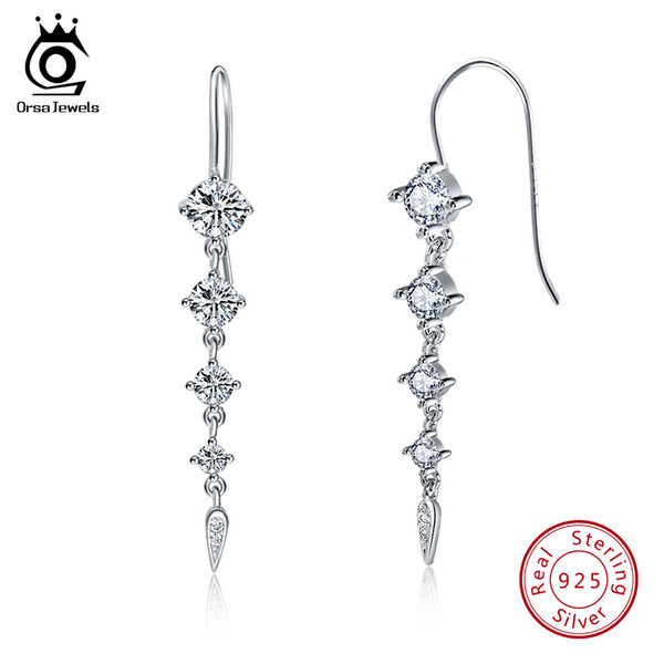 ORSA JEWELS Pure 925 Sterling Silver Earrings Women Long Dangle AAA CZ Trendy New Jewelry Christmas Gifts For Girls SE52