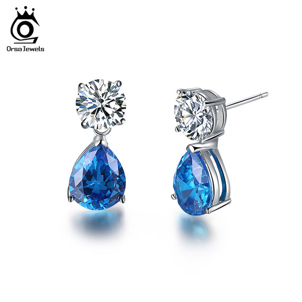 ORSA 2017 Unique Silver Color Earrings Stud with 2ct Austria Stone Dangling Charm Blue Water Drop CZ for Women OE152