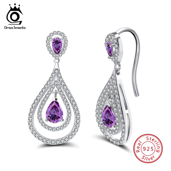 Real Sterling Silver 925 Women Earrings Water Drop Purple With Clear CZ Long Romantic Style Female Jewelry SE47