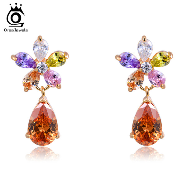 ORSA Latest Design 3 Layer 18K Rose Gold Plated Colorful Pear Cut Austrian Zircon Fashion Earring Stud For Women OME13