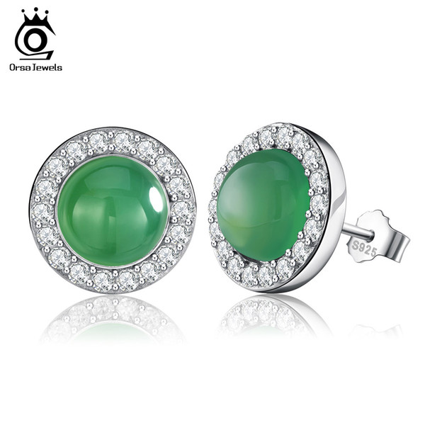 2017 Luxury Solid 925 Sterling Silver Stud Earrings with Shiny Round Green Natural Stone Earrings for Women SE13