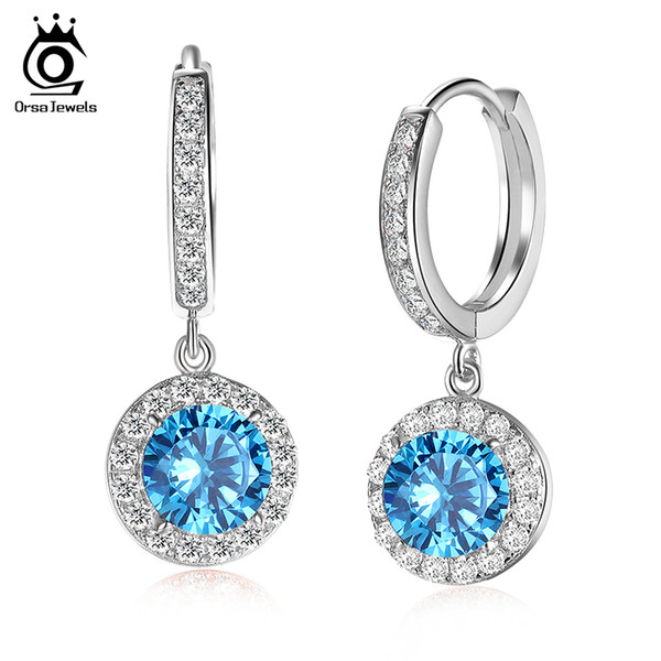 ORSA Newest Luxury Silver Color&Rose Gold Color Earrings with 1.8 Carat Ocean Blue Cubic Zirconia Earring for Women OE160