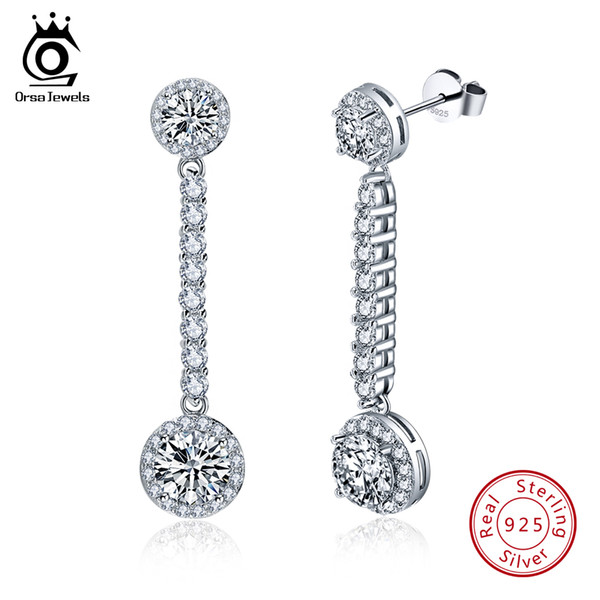 ORSA JEWELS Real 925 Sterling Silver Earrings For Women Long Drop Classic Style Fine Jewelry Wedding Party Wearing SE53