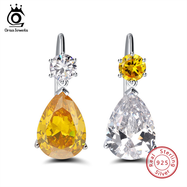 ORSA JEWELS Genuine Sterling Silver 925 Women Earrings Water Drop Yellow Clear Shinny Trendy Wedding Female Jewelry SE45