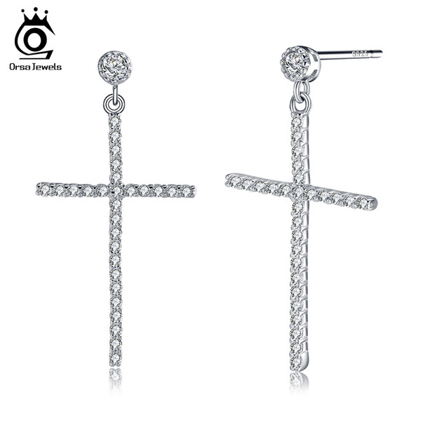 Real 925 Sterling Silver Earrings for Women / Men Accessories Engagement Cross Earrings Paved 58pcs AAA Zircon SE36