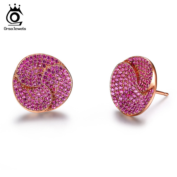 ORSA Hot Trendy Luxury Zircon Flower Stud Earrings New Fashion Elegant Rose Gold-color Earrings For Women OE156