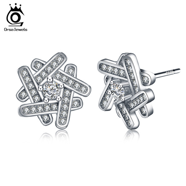 Fashion Stud Earring Women Sterling Silver Jewelry 925 Real Earrings with 62pcs Shiny Austrian Cubic Zirconia SE25