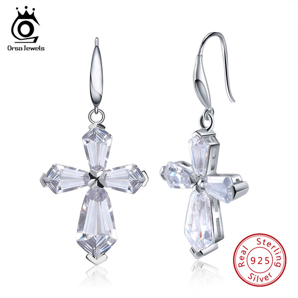 ORSA JEWELS Women Earrings Long 925 Genuine Sterling Silver Luxury Cross AAA CZ Engagement Wedding Female Party Jewelry SE51