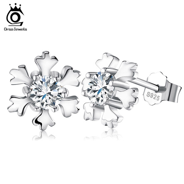 Genuine 925 Sterling Silver Snowflake Earring Studs with Shiny CZ Crystal Romantic Party Ear Jewelry for Women SE12