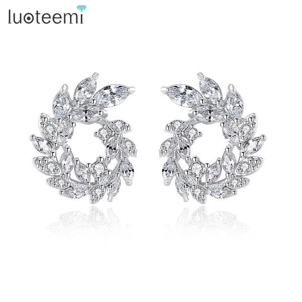 LUOTEEMI New Luxury White Gold Color Dazzling Marquise Cut Clear Cubic Zirconia Paved Olive Branch Circle Stud Earring for Women