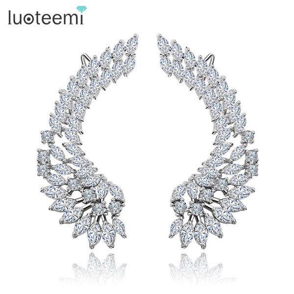 Silver Tone Korea Style Shining CZ Crystal Paved Big Angel Wings Stud Earrings for Women Wedding Brincos Jewelry LUOTEEMI