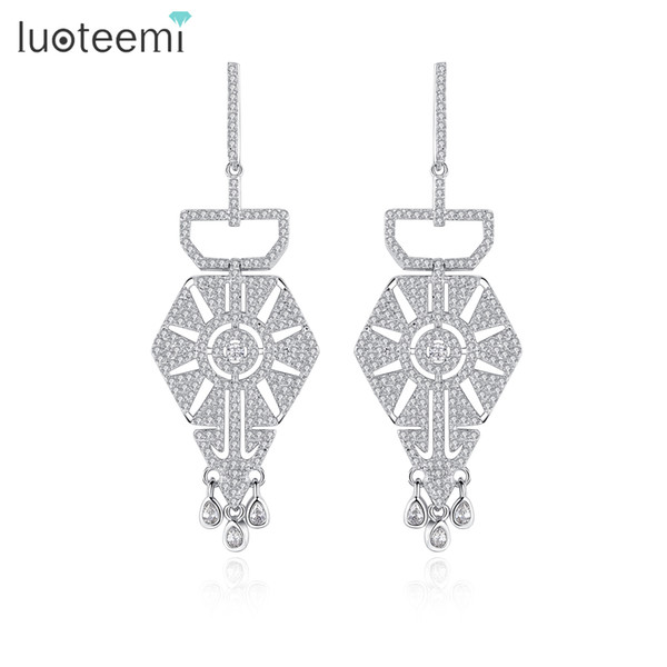 LUOTEEMI New Silver Tone Elegant Cubic Zirconia Hollow Geometric Retro Bridal Wedding Party Waterdrop Dangle Earrings For Women