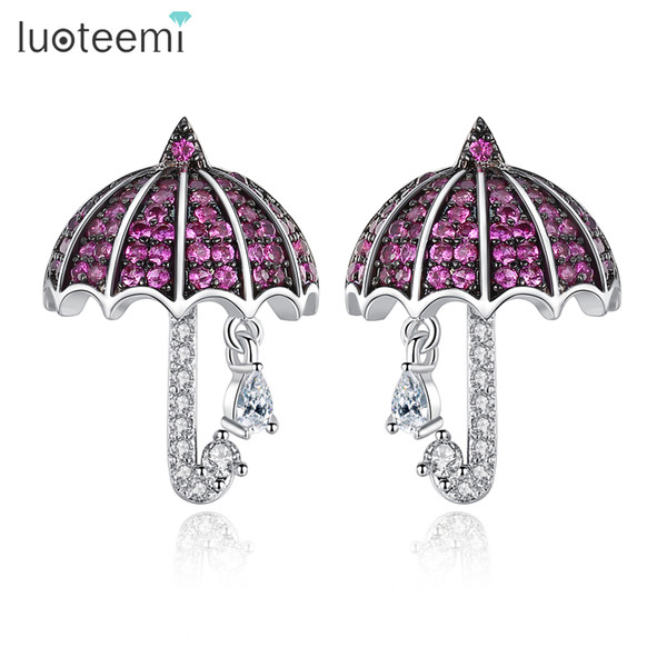 LUOTEEMI Cute Full Micro Cubic Zirconia Crystal Umbrella Stud Earrings Fashion Women Jewelry Girl Birthday Student Gift Brinco