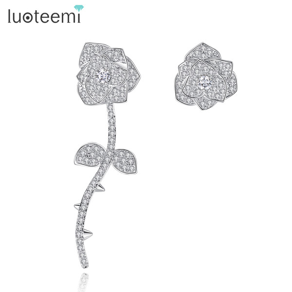 LUOTEEMI Luxury Zircon Unique Romantic Artificial Multi Layers Rose Flower Stud Earrings Women Brincos Para As Mulheres