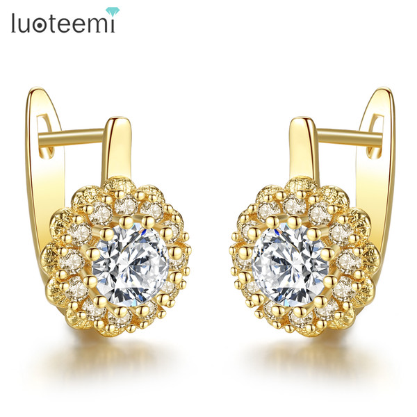 LUOTEEMI Fashion Trendy Shiny Gorgeous Flower Shape Hoop Earrings Luxury CZ Part For Women Girl Jewelry Accessories Gift