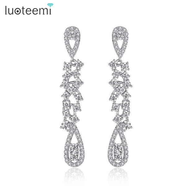 LUOTEEMI Silver Color Wedding Long Earrings Water Shape Chandelier Earrings for Women Brides Bridesmaid Party Jewellery Brincos