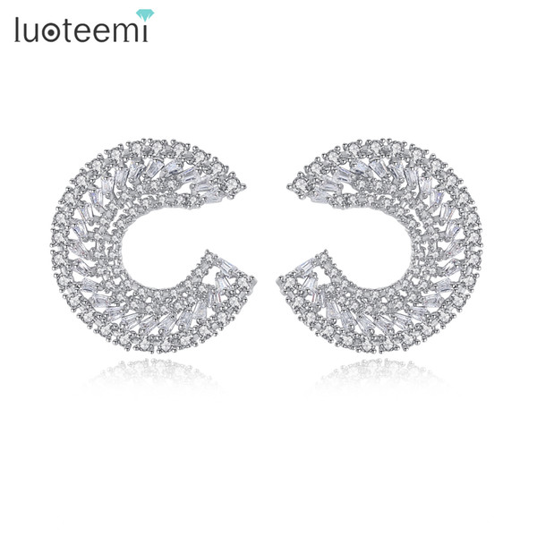 LUOTEEMI Fashion Shinning White Cubic Zirconia Pave Moon Shape Big Stud Earrings for Women Girls Friends Christmas Gift Brincos