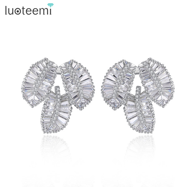 LUOTEEMI New Elegant Leaf Shaped Luxury Clear Cubic Zirconia Statement Big Stud Earring For Women Wedding Party Jewelry Earrings