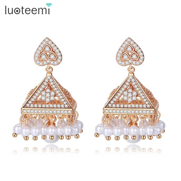 LUOTEEMI Bohemia Style CZ Stone& Imitation Pearl Crown Statement Dangle Earrings For Women Tower Design Champagne Gold Jewellery