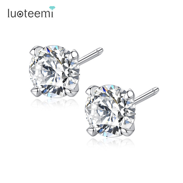 LUOTEEMI Luxury Trendy Clear Cubic Zirconia 4 Prong Stud Earring For Women Real 925 Sterling Silver Party Earrings Jewelry Gifts