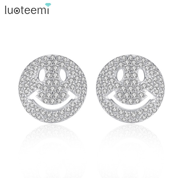 LUOTEEMI Top Quality Tiny Zircon Crystal Micro Paved Smile Face Stud Earrings For Women Fashion Brincos Ladies Girl Gift Jewelry