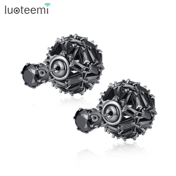 LUOTEEMIHyperbole Unisex New Black Cuboid CZ Ball Stud Earrings For Women Double Sided Earrings Fashion Jewelry Pusety Brincos