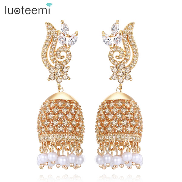 LUOTEEMI Vintage Ethnic Handwork Birdcage Jhumka Jhumki Earrings Ethnic Trendy Jewelry for Women Circular Pearl Dangle Earring