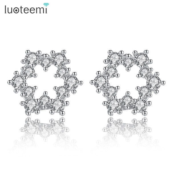 LUOTEEMI Tiny Round Cut Cubic Zirconia Statement Hollow Flower Stud Earrings For Women Girls Fashion Female Earrings Gifts