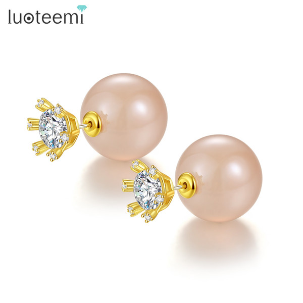 LUOTEEMI Double Sided Stud Earrings Jewelry for Women Hot Big Clear CZ Stone Prong and Simulated Jelly Color Pearl Earring