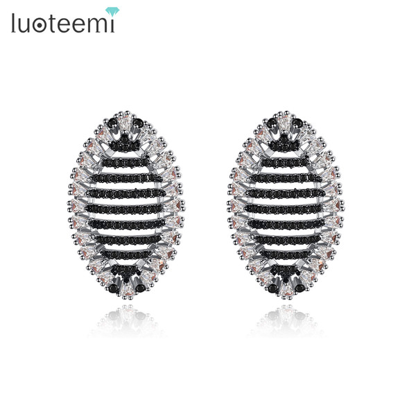 LUOTEEMI New Design Insect Oval Hollow Stud Earrings Luxury Cubic Zirconia Women Earrings for Wedding and Party Double Color