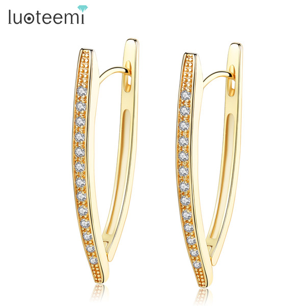 LUOTEEMI Letter V Shape Glittering Clear CZ Crystal Hoop Earring Jewelry For Women Fashion Wholesale Gold Color Piercing Earring