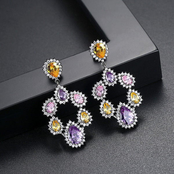 LUOTEEMI 2018 New Arrival Trendy Wedding Multi Color Shiny Cubic Zirconia Long Big Drop Earrings Vintage Party Jewelry Women