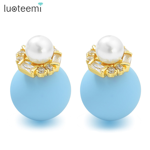 LUOTEEMI New Fashion Cute Stud Earrings With White Imitation Pearl For Women Girls Charm Colorful Cubic Zircon Earring Jewelry