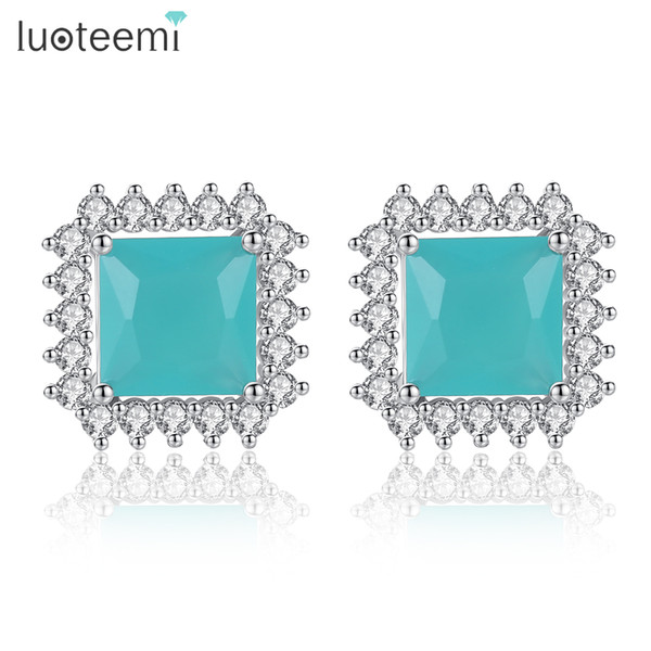 LUOTEEMI Geometric Sky Blue CZ Stud Earrings For Women Girls Trendy Korean Earring Fashion Birthday Gift Jewelery Brincos Bijoux