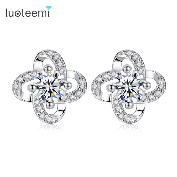 LUOTEEMI Brand Trendy Genuine 925 Sterling Silver Flower Shaped Stud Earring For Women Cubic Zirconia Daily-life Earring Bijoux