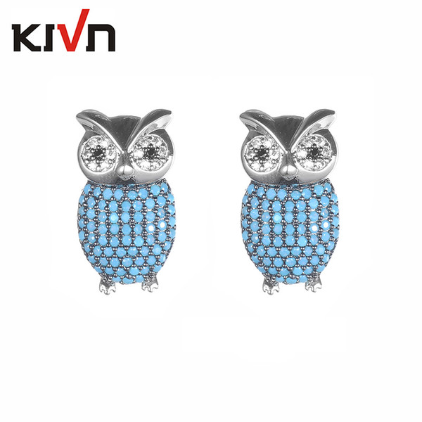 KIVN Fashion Jewelry Impressive Cute Owl Pave CZ Cubic Zirconia Stud Bridal Earrings for Women Girls Promotion Birthday Gifts