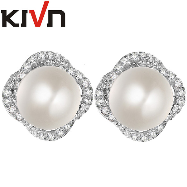 KIVN Fashion Jewelry Flower Pearl Pave CZ Cubic Zirconia Wedding Bridal Stud Simulated Pearl Earrings for Women