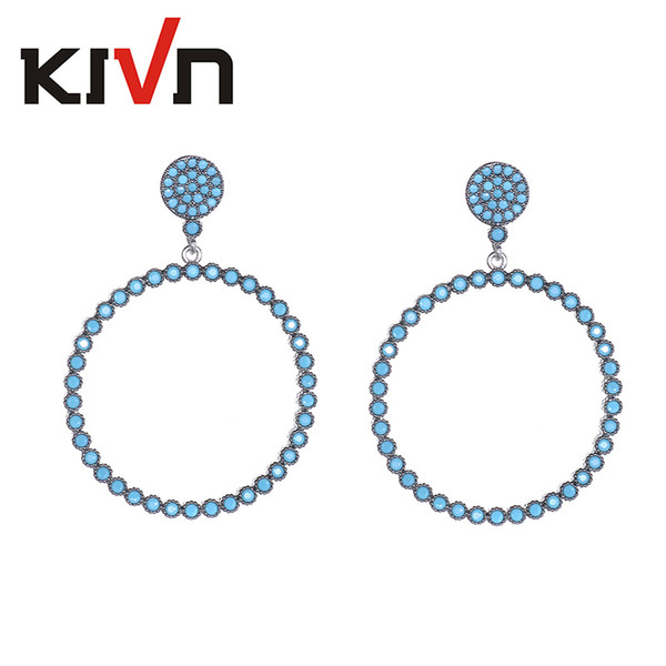 KIVN Fashion Jewelry Dangle Circle Pave CZ Cubic Zirconia Turquoise Bridal Wedding Earrings for Women Birthday Wedding Gift