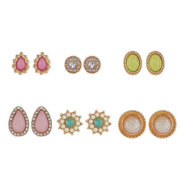 Earrings Jewelry 2019 Brand New Fashion Women Rhinestone Resin Flower Water Drop Style Alloy Stud Earrings Wholesale 6-piece Set LER050