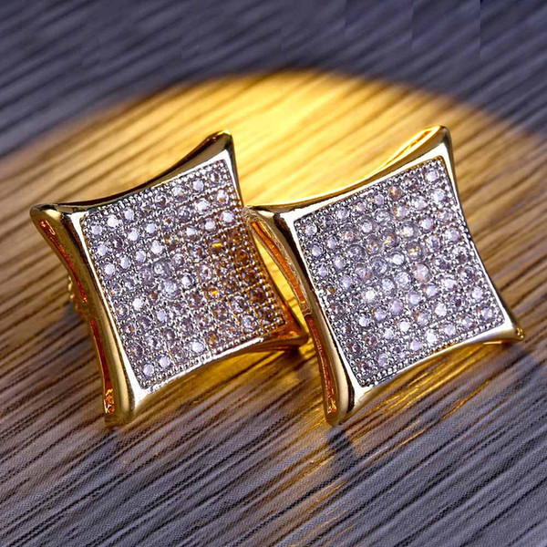 Stud Earrings Jewelry New Fashion Exquisite Glarings Zircon Square Earrings Luxury Hip Hop 18K Gold Plated Men's Stud Earrings LER055