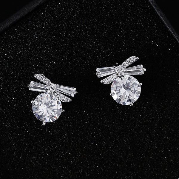 Luxury Sweet Cute Crystal Bowknot Cubic Zircon Bow Stud Earrings For Women Wedding Bridal Charm Jewelry Gift Wholesale Pendientes