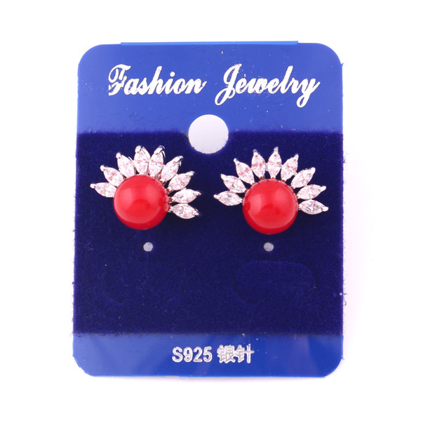 S925 Silver Needle Earrings Stud Red Ball Pearl Decoration Studded With Clear Crystal Cute Crown Earrings For Woman Jewelry