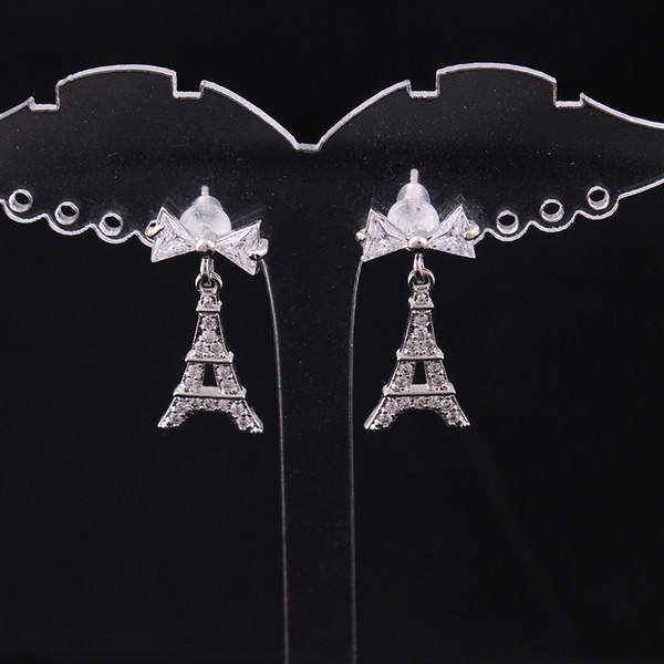 Silver Eiffel Tower Bow-tie Bowknot Earrings Studded With Crystal Geometric Prevent Allergy Pendientes For Women Jewelry