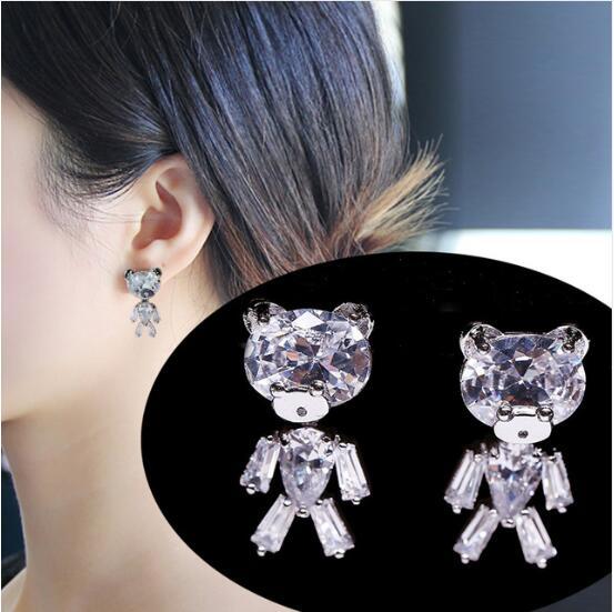 Luxury Cute Bear Shape Cubic Zircon Stud Earrings For Woman Accessories Female Party Best Gift