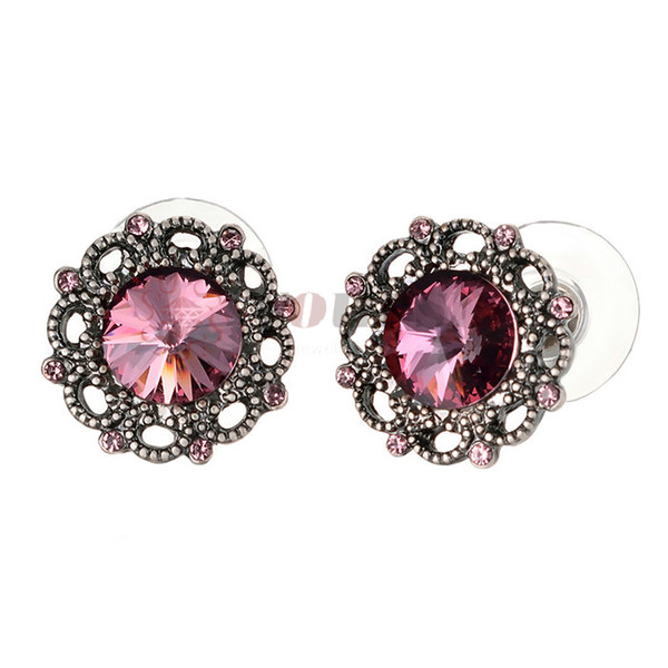 Yoursfs Vintage Earrings Round Dark Red Austrian Crystal Flowers Shaped Studs Dainty